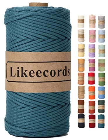 Likeecords Makramee Garn Geflochten 3mm x 100m,100% Natürliches Baumwollschnur Makramee-Schnur, Makramee-Seil, Bunte Bastelkordel aus Baumwolle für Taschen, Wandbehänge, Pflanzenaufhänger (Blaugrün)