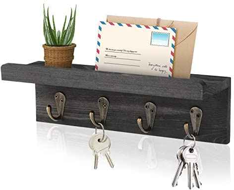 Key Holder Wall Mount, Farmhouse Wall Shelf with 4 Hooks for Entryway