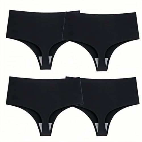 Wowdecor High Waisted Thongs for Women, Tummy Control Underwear Cotton Seamless No Show Plus Size Panties, 4 Pack Black, XL