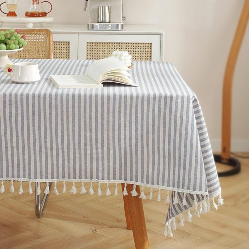 meioro Gestreifte Tischdecke Rechteckige Küche Tischtuch, Blaue, 153x305cm | Blaue/Weiße Streifen Abwaschbare Tischdecken, Dekorative Tischwäsche mit Quasten, Esszimmer Tabletop Boho Küche Table Cloth