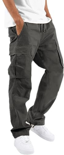 HUNGSON Pantalones Cargo para Hombre, Informales, de Senderismo, atléticos, de algodón, Holgados, Rectos, para Hombre, Gris Oscuro, 32