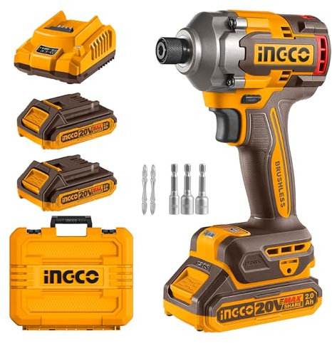 INGCO 20V Brushless Impact Driver 285NM, Variable Speed Control 0-2600RPM, 0-2900BPM with LED Work Light, 2Pcs 2.0Ah Battery and 1Pcs Charger, Packed by Carrying Case CIRLI2028