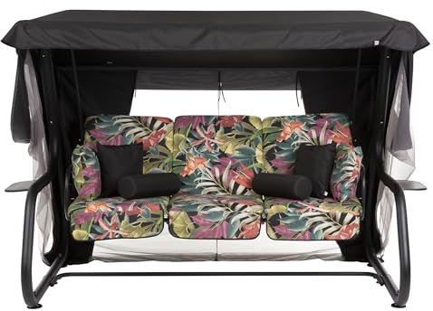 PATIO Hollywoodschaukel 4 Sitzer Venezia Lux Black Edition 179 cm zum Sitzen Liegen mit Kissen Dach Moskitonetz Seitentische schwarz matt