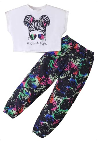 KONFEN 2 Pezzi Completo Ragazze, Hip Hop Crop Tank Top + Pantaloni Mimetici con Tasca, Completo Bambina Vestiti Manica Corta T-shirt e Pantaloni Jogger Vita Elasticizzata per 5-6 Anni, Nero