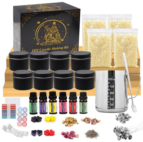 TEPENAR DIY Kerzenherstellung Kit – Kerzen Selber Machen Set mit Sojawachs, Kerzendosen (Schwarz), Dochthaltern, Bienenwachs & Schmelztopf – Duftkerzen Geschenk für Anfänger
