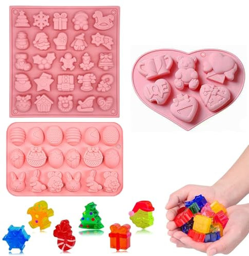 3Stück Silikon Schokoladenform, Silikonform mit Weihnachtsmotiv，Silikonform Ostern, Silikonform Herz,Pralinenform Silikon, SilikonformValentinstag Osterhasen