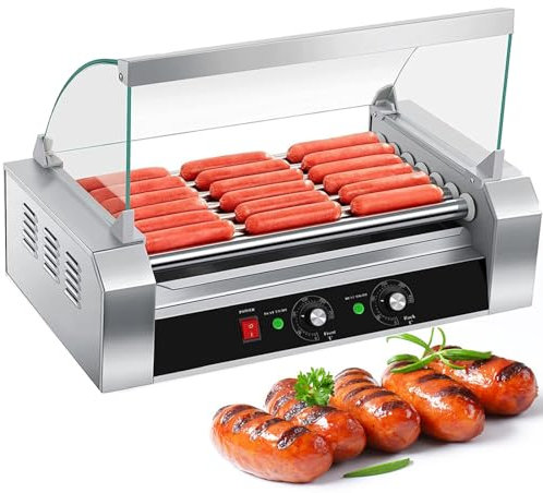 Máquina comercial for hacer perritos calientes, parrilla for salchichas de acero inoxidable de 1050 W con 7 rodillos de calor, máquina for cocinar perritos calientes sobre encimera con tapa, ajuste de