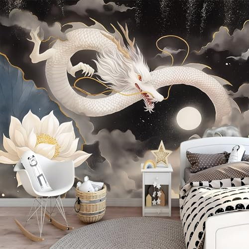 Fototapeten Weiß - Östlicher Drache aus weißem Licht - Vlies Wandbilder eignen sich zur Dekoration von Wohnzimmern Schlafzimmern Küchen und Kinderzimmern 300 x 210 cm