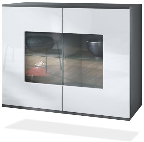 Vladon Kommode Grömitz V3, Moderner Küchenschrank mit 2 großen Glastüren Anthrazit matt/Weiß Hochglanz (92,5 x 73.5 x 35)