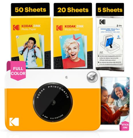 KODAK Printomatic Full-Color Instant Print Digital Camera - 75 Sheets BUNDLE - Prints On Zink 2x3 Sticky-Back Photo Paper - 5MP, Portable, Creative Fun Gift for Birthday, Christmas, Holiday -Yellow