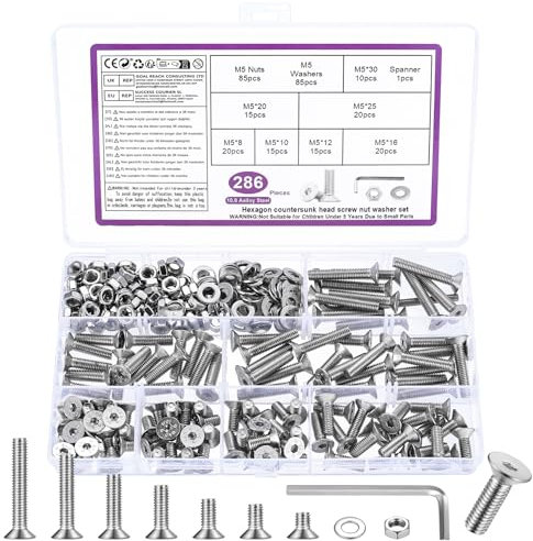 286 Pcs M5 Screws Set, Countersunk Bolts and Nuts Set, Countersunk Nuts and Bolts with Washers, Flat Head Machine Screws Assorted, Hex Socket Head Cap Screw Assortment Kit + Wrench