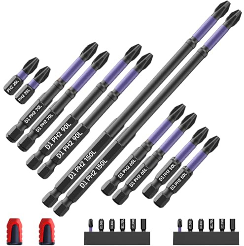 12 Pcs Ph2 Impact Driver Bits,Long Screwdriver Bits,Magnetic Screwdriver Bits + 2 Magnetizers,Heavy Duty Impact Driver Bit Set with Purple Oxide Coating(150mm,90mm,70mm,65mm,50mm,25mm)