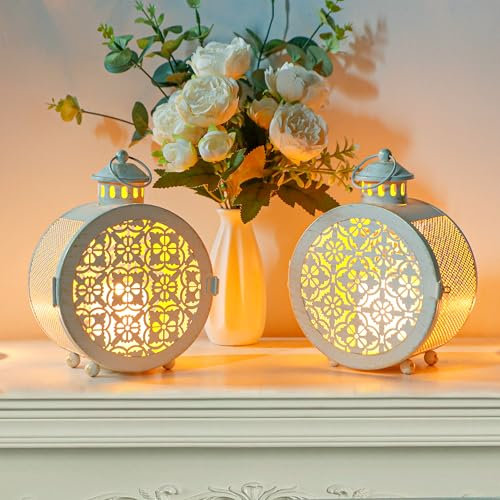 TRIROCKS Set of 2 Round Vintage Metal Candle Lanterns 19cm H Decorative Hanging Candle Holders for Indoor Outdoor Parities Weddings Patio and Garden(White, Hollow Retro Pattern)