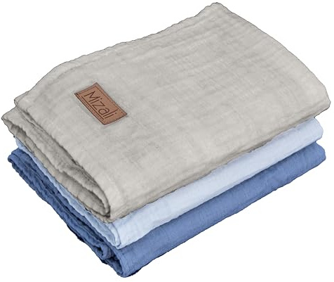 Mizali Panno in mussola premium per bambini, 50 x 70 cm, a 2 strati, in cotone, set da 3 pezzi, tinta unita (indaco, chiaro-beige)