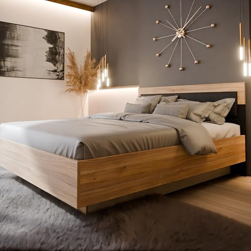 Forte BADERNA Bett 165, Bett mit Lattenrost und Stauraum, Holzwerkstoff, Mauvella Eiche Dekor/Schwarz, 165 cm breit, 99,5 cm hoch, 205 cm tief