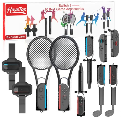 HEYSTOP Kit di Accessori Sportivi per Nintendo Switch 2 Controller, Kit di Accessori di Gioco 10 in 1 con Mazze da Golf, Racchette da Tennis e Altri Accessori per Feste in Famiglia e tra Amici