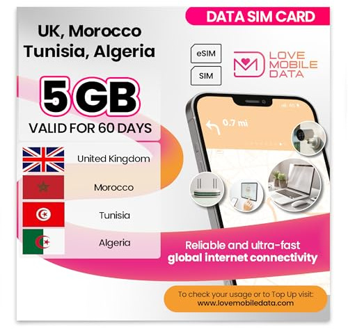 Love Mobile Data Only Sim Card - International Multi-Network 4G/5G Prepaid Pay As You Go Data Sim for Mobile Phones, WiFi Routers & More, UK, Algeria, Morocco & Tunisia - 5GB for 60 Days