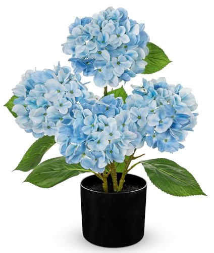 Hollyone Hortensias artificiales de 19 pulgadas en maceta negra, hortensias falsas grandes de seda roja de 7.5 pulgadas, flores decorativas en maceta para decoración del hogar, sala de estar, mesa