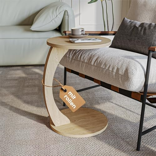 sugodesign Couchtisch mit Rollen, Kleiner Beistelltisch C Form, Beistelltisch Couch, stylischer Sofatisch in schöner Natur Eiche-Optik, runder Tisch als Ablagefläche für Couch und Wohnzimmer, C Form