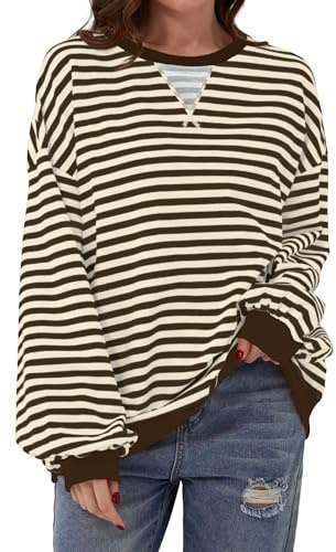DUOEASE Pullover Damen Streifen Oversize Pullover Langarm Herbst Rundhals Sweatshirt Y2K Oberteile
