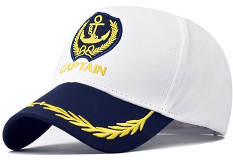 FUIPVGI Captain Hat Sailor Baseball Cap, Costume Accessory Yacht Hat with Gold Embroidery Anchor Skippers Cap, Marine Admiral Party, Adjustable, for Fancy Dress, Club Pub Party (White)