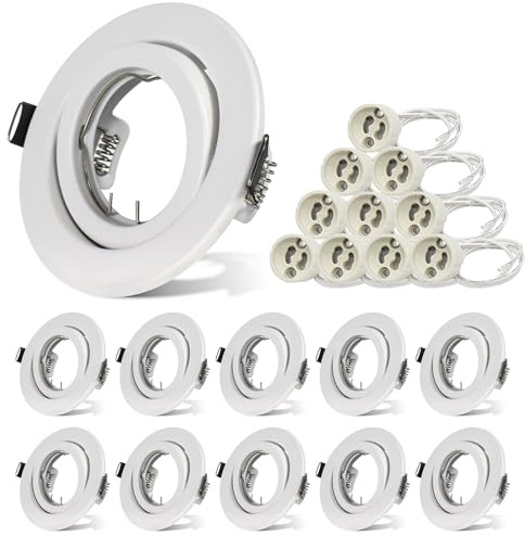 Unikcst 10x Recessed Ceiling Light Mounting Frame with GU10 Lampholder Round White Recessed Spotlights Fitting GU10 Downlight Frame for Bedroom, Outer Diameter: 98mm, Cutout Ø76-90mm, No Bulbs
