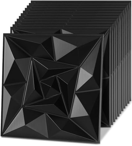 Jaxguom Lot de 12 panneaux muraux 3D diamant - 30 x 30 cm (1,08 m²) - Panneaux muraux 3D - Salle de jeu - En PVC très rigide - Imperméable - Noir mat