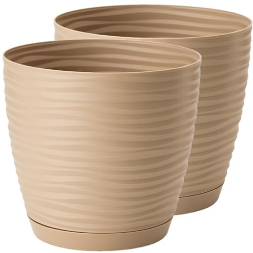 Home Garden Ornaments Large Plant Pots Indoor – Set of 2 Plastic Flower Pots with Saucer and Drainage Holes, Decorative 3D Wave Design (Taupe, 27cm / 10.6 inch)