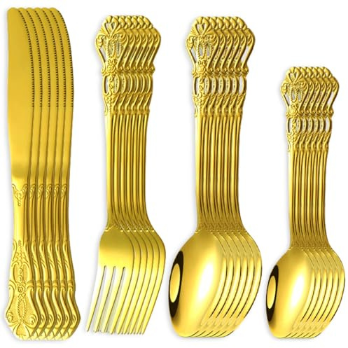 XingyLi 24 Pieces Royal Golden Cutlery Set for 6 People, Stainless Steel Gold Flatware Set, Retro Silverware Tableware Utensil Set, Mirror Polished Dishwasher Safe
