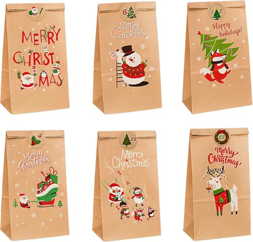 24 Stück Geschenktüten Weihnachten, Personalisierte weihnachtstüten Papiertüten mit Griff, Weihnachtstaschen Geschenktasche Weihnachtsdekoration Partyzubehör für Festgeschenke (24x13x8cm)