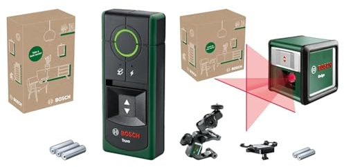 Bosch Détecteur Truvo 2ème Génération (Bouton Unique, détection câbles électriques et métal Jusqu’à 70 mm, boîte e-Commerce) & Laser Lignes Quigo avec Pince Universelle MM 2 (alignement précis)