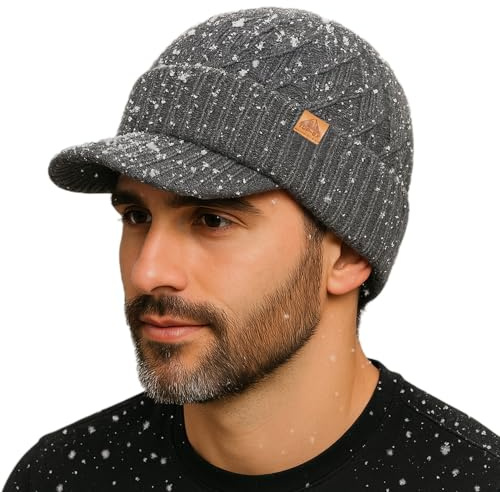 TOP-EX DryKnit™ wasserdichte L/XL/XXL Merino-Woll Strickmütze mit Schirm Fleece Gefüttert Warme Wintermütze Herren Damen