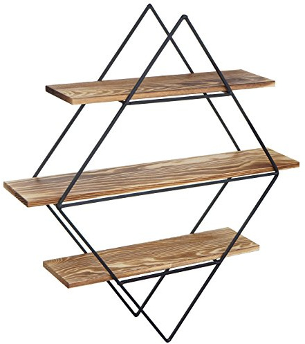 Berlinlodge Wandregal rautenförmig HxBxT 60x55x12cm 3 Regalböden Metall Massiv-Holz Industriedesign Echtholz Braun Hängeregal Regal schwebend Küche Wohnzimmer Schlafzimmer Deko Büro einfache Montage