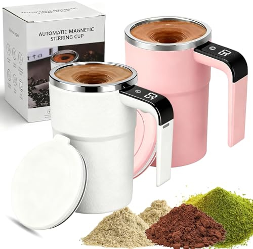 380ml Selbstrührende Tasse - Selbstrührende Magnetische Kaffeetasse mit Temperaturanzeige, wiederaufladbarer Self Stirring Mug, Intelligente Becher mit Deckel, für Milch und andere (Weiß, Rosa)