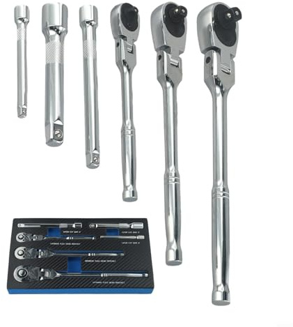 Juego de llaves de trinquete de 6 piezas con accionamientos de 1/4, 3/8 y 1/2 pulgadas, mango giratorio de cabeza de 72 dientes para espacios reducidos, reversible Quick-Rel