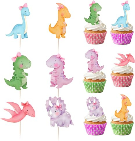 36 st cupcake-dekorationer i rosa dinosaurie – dino tårtdekorationer för flickor födelsedag, baby shower, tre rex temafestdekor, dino gåvor, dinosaurietårtdekorationer