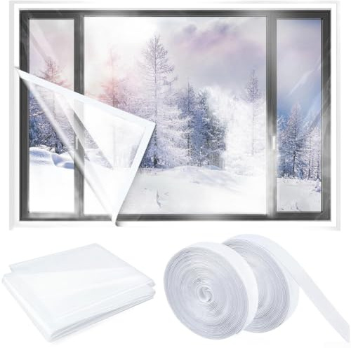 HOHOVYVY Fenster Isolierfolie Set Aus Dickem PE Wasserdicht Für Winterabdichtung Zuschneidbar Mit Klebeband Für Aluminiumrahmen Und Dreh-Kipp-Fenster(2)