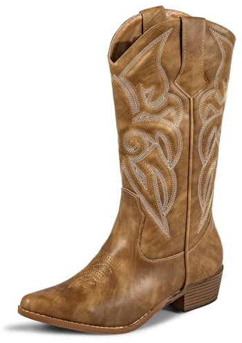 J's.o.l.e Ladies Cowboy Boots for Women Cowgirl Western Boots Classic Embroidery Stitched Chunky Heel Mid Calf Shoes Tan UK Size 5
