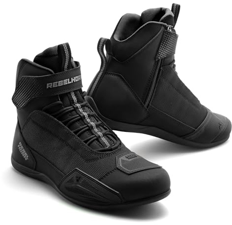 REBELHORN Swift Botas de Moto Mujer e Hombre | Cuero PU | Cremallera Larga | Protectores de Tobillo | Punteras Reforzadas | Paneles de Ventilación de Malla