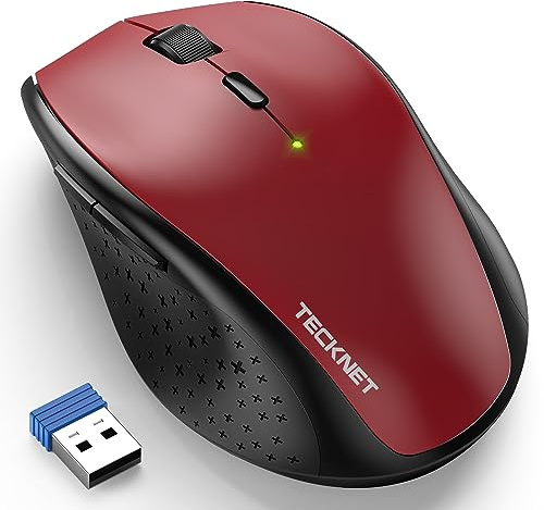 TECKNET Wireless Mouse, 3200 DPI Optical 2.4G Mouse with 6 Adjustable Levels, Cordless USB Ergonomic Mouse with Long Battery Life of 30 Months, Silent Mouse for PC,Laptop,Office Home Work (Black-Red)