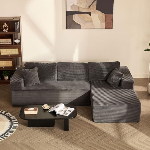 Litbird 272 cm Modulares Ecksofa mit L-Form und Schlaffunktion, vollgepolstertes Sofa mit Memory-Schaum und Cordstoff, Schlafsofa für Wohnzimmer (Grau, Recamiere rechts (Facing)) | Ottomane rechts, tiefe Sitzfläche, ohne Montage, Schaumstoff mit hoher Dichte, stabile Stütze