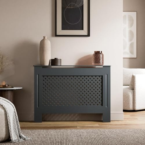 RADIANT LIVING Radiator Cover Diamond Cross Pattern, Modern Anthracite Grey MDF Radiator Cabinet for Living Room & Bedroom, Medium 112 x 81.5 x 19cm