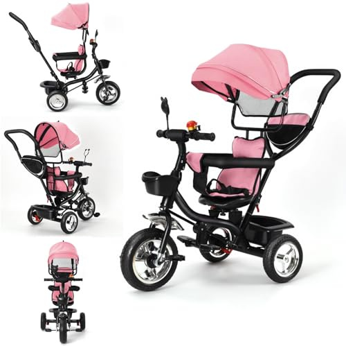 Belfoyer Dreirad 4 in 1 ab 1 Jahr mit Schubstange – Kinderdreirad mit drehbarem Sitz & klappbarem Sonnendach | Sicherheitsgurt & abnehmbarer Schutzbügel | 2 große Körbe | babyfreundlicher Stoff | Rosa