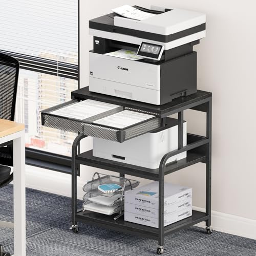 AMLANCHER 3-Stufiger Druckertisch mit Rollen und Ablageschublade 60x48x82cm, 5 Einstellbar Höhen, Mobiler Druckerständer für Zuhause, Büro & Schule, 3D-Drucker/Scanner/Fax, Schwarz