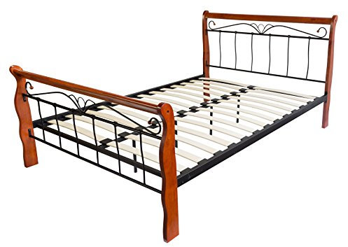 Homestyle4u 550, Metallbett 140 x 200 Mit Lattenrost, Bettgestell Metall, Pfosten Holz Braun