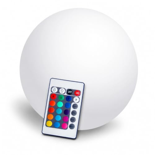 @tec LED Leuchtkugel für Garten & Terrasse, 35 cm Durchmesser, mit Fernbedienung für RGB Farbwechsel und Dimmung, mit Akku, IP54, hängend oder stehend, USB aufladbar, robuste PE-Hülle