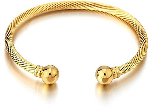 COOLSTEELANDBEYOND Goldfarben Elastische Verstellbare-Edelstahl Armband für Herren Damen Verdrehten Stahlkabel Armreif Poliert