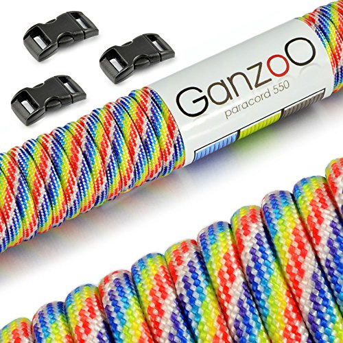 Ganzoo Set Paracord 550 Seil mit 3 x Klickverschluss 3/8“ 10mm Gurt/Schnur 4mm, Nylon - Polyester, Typ 3, 30 Meter, Outdoor-Schnur, Allzweckseil, Armband knüpfen, basteln, Regenbogen