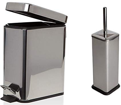 SET OF 5L PEDAL BIN & BRUSH WITH HOLDER SQUARE BIN REMOVABLE BUCKET MIRROR FINISH