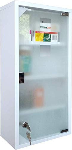Natsen Medizinschrank Arzneischrank aus Metall, Glastür mit Schloss, abschließbare Medikamentenschrank Erste Hilfe Schrank, Weiß, 4 Fächer (60ⅹ30ⅹ12 cm)